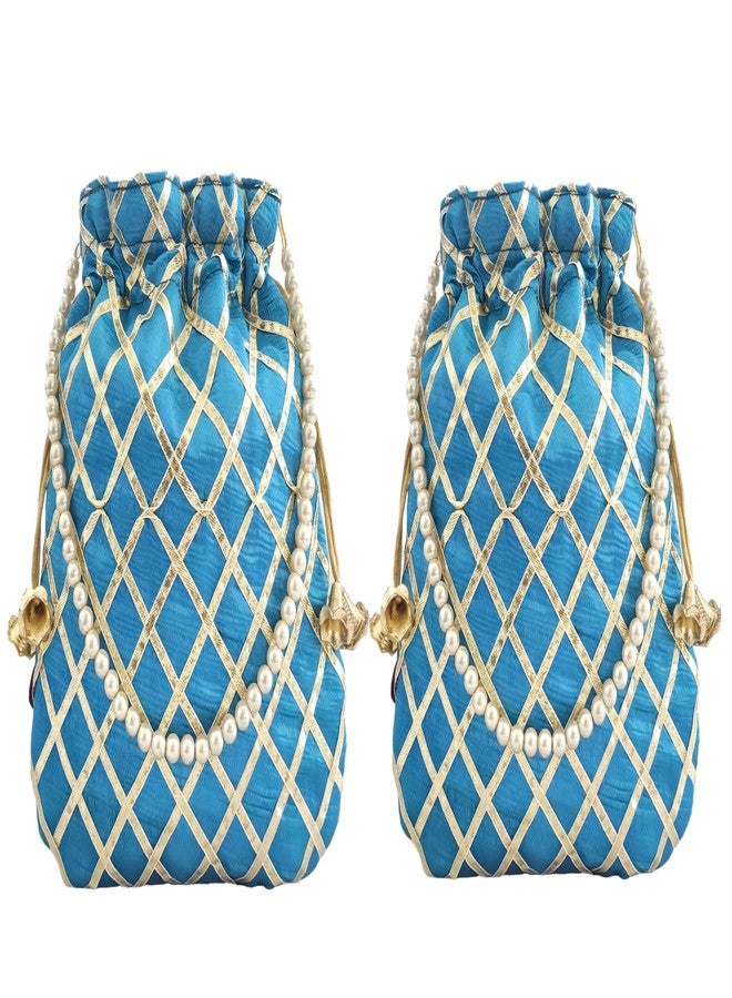 DUCHESS Women's Gota Patti Blue Potli Bag Purse with Pearl Handle (Pack of 2) - Image 1